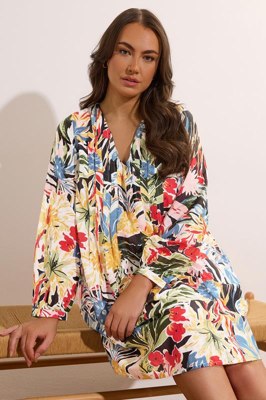 Evans EVANS Curve Blue & Yellow Floral Pleated Swing Dress