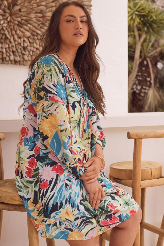 evans EVANS Curve Blue & Yellow Floral Pleated Swing Dress