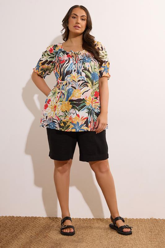 Evans EVANS Curve Blue & Yellow Floral Print Tie Neck Top