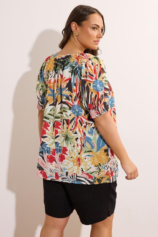 Evans EVANS Curve Blue & Yellow Floral Print Tie Neck Top