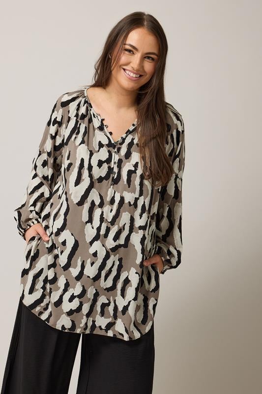 evans EVANS Curve Brown Animal Print Long Sleeve Blouse