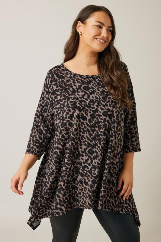 evans EVANS Curve Brown Leopard Print Hanky Hem Top