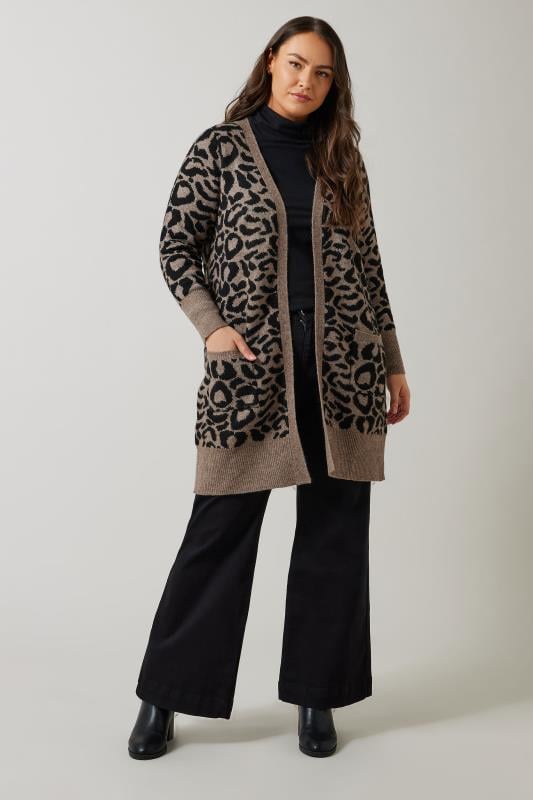 Evans EVANS Curve Brown Leopard Print Knitted Cardigan