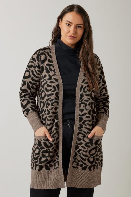 Evans EVANS Curve Brown Leopard Print Knitted Cardigan