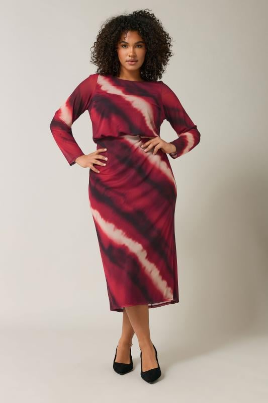 Evans EVANS Curve Burgundy Red Abstract Print Mesh Midi Skirt