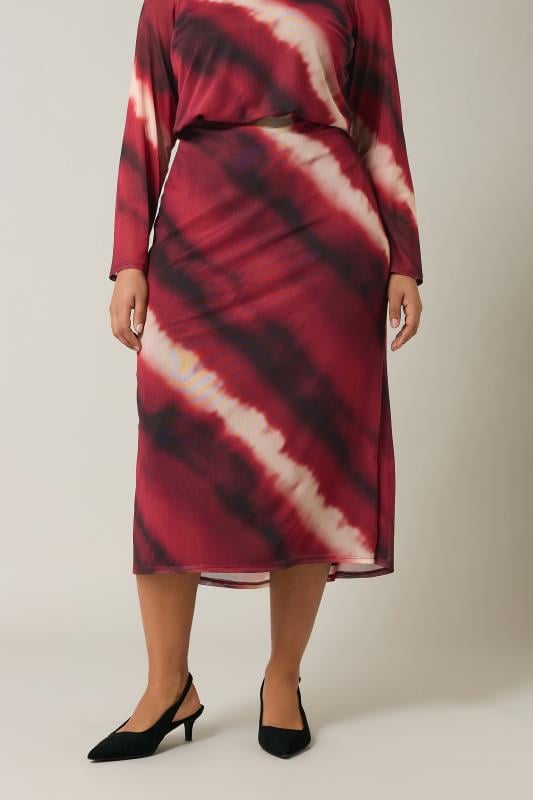 evans EVANS Curve Burgundy Red Abstract Print Mesh Midi Skirt