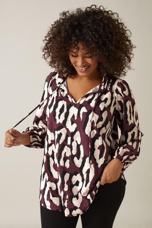 Evans EVANS Curve Burgundy Red Animal Print Crepe Tie Neck Blouse
