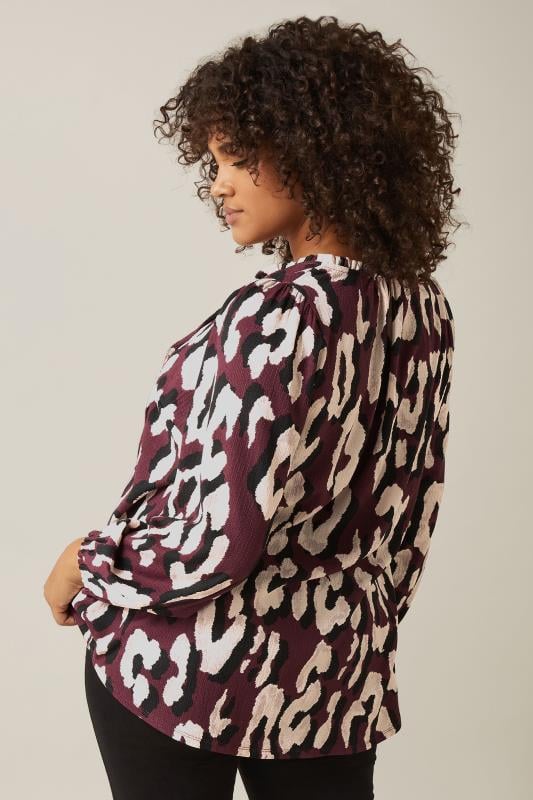 Evans EVANS Curve Burgundy Red Animal Print Crepe Tie Neck Blouse