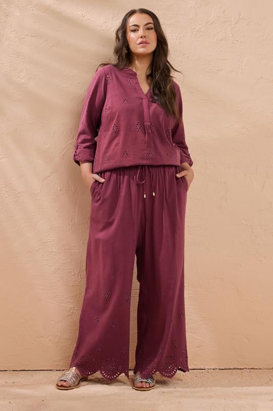 Evans EVANS Curve Burgundy Red Broderie Hem Linen Trousers