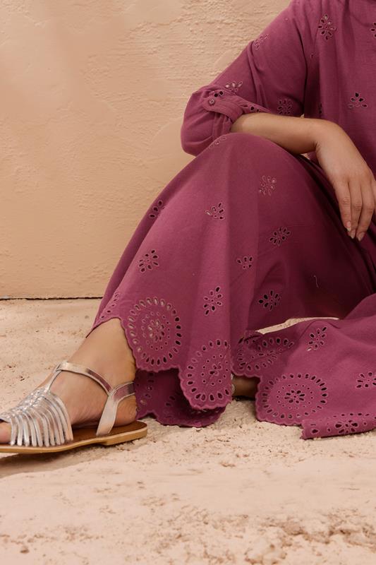 Evans EVANS Curve Burgundy Red Broderie Hem Linen Trousers