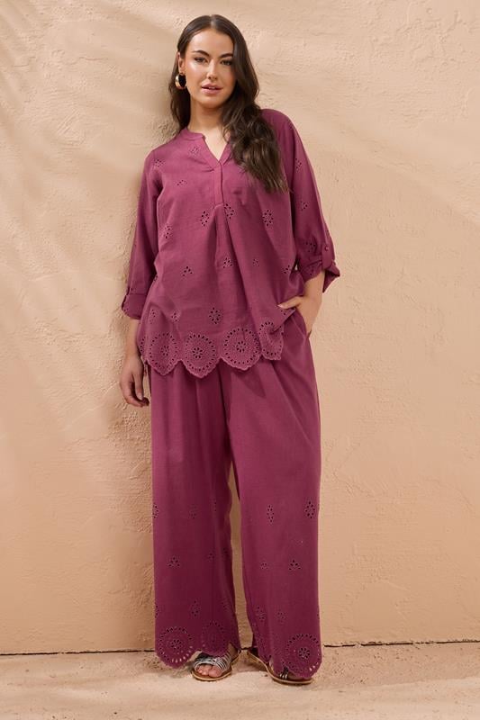 Evans EVANS Curve Burgundy Red Broderie Hem Linen Trousers