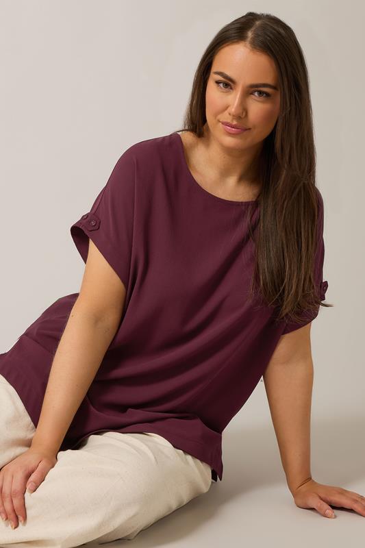 Evans EVANS Curve Burgundy Red Button Sleeve Blouse
