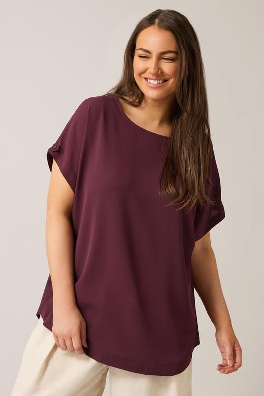 evans EVANS Curve Burgundy Red Button Sleeve Blouse