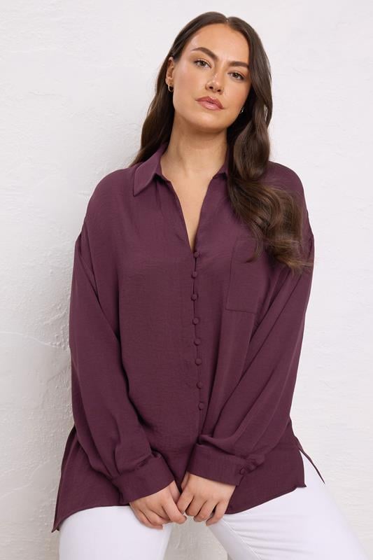 evans EVANS Curve Burgundy Red Dipped Hem Oversized Shirt