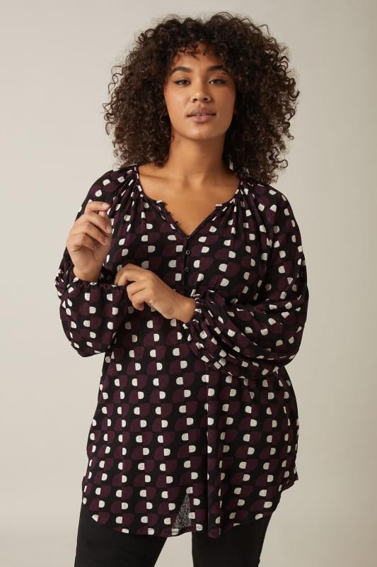 evans EVANS Curve Burgundy Red Geometric Print Blouse