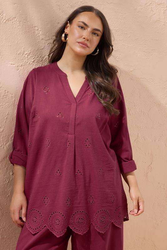 Evans EVANS Curve Burgundy Red Linen Broderie Blouse