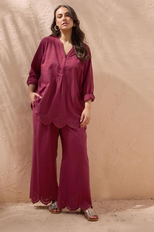 Evans EVANS Curve Burgundy Red Linen Broderie Blouse