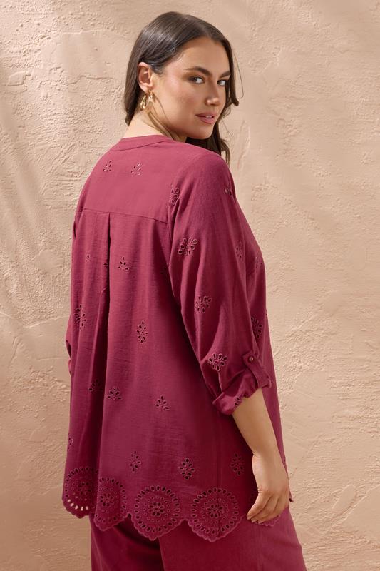 Evans EVANS Curve Burgundy Red Linen Broderie Blouse