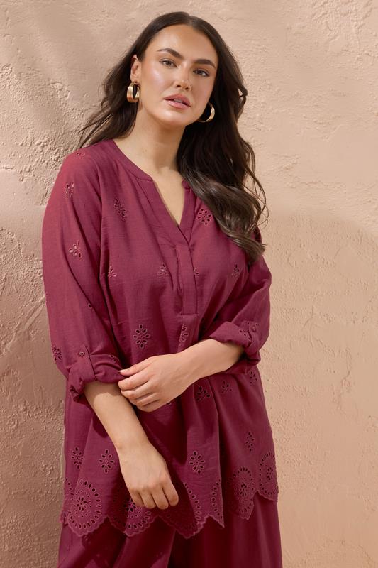 evans EVANS Curve Burgundy Red Linen Broderie Blouse
