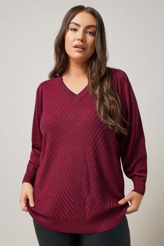 Evans EVANS Curve Burgundy Red Metallic Knitted Jumper