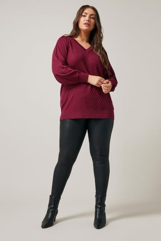 Evans EVANS Curve Burgundy Red Metallic Knitted Jumper