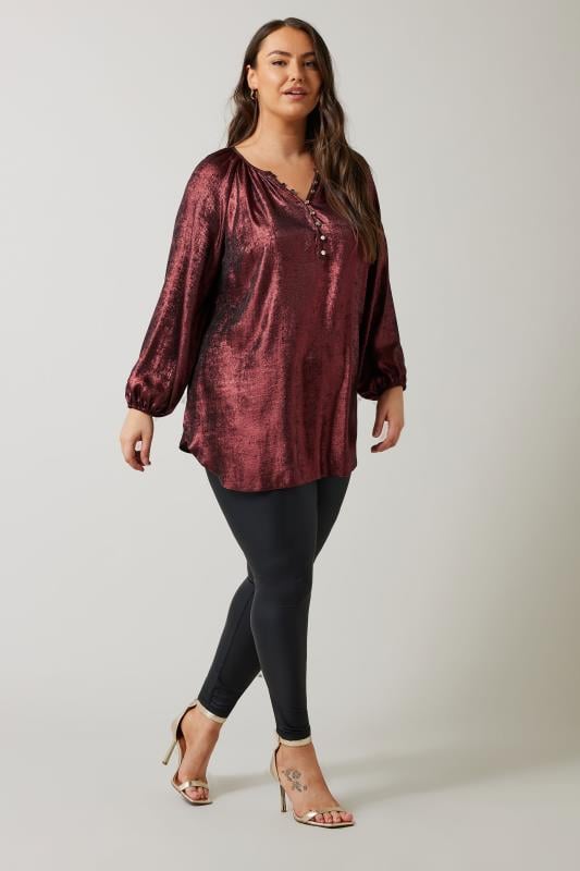 Evans EVANS Curve Burgundy Red Metallic Long Sleeve Blouse