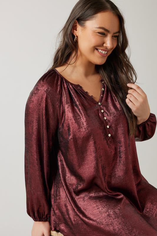 Evans EVANS Curve Burgundy Red Metallic Long Sleeve Blouse