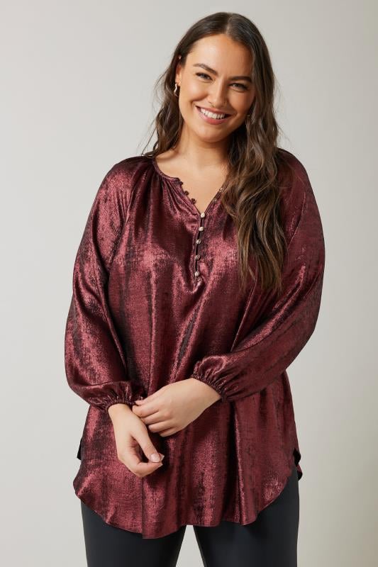 evans EVANS Curve Burgundy Red Metallic Long Sleeve Blouse