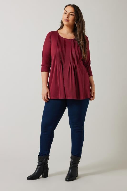 Evans EVANS Curve Burgundy Red Pintuck Modal Rich Top