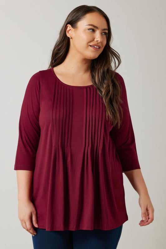 evans EVANS Curve Burgundy Red Pintuck Modal Rich Top
