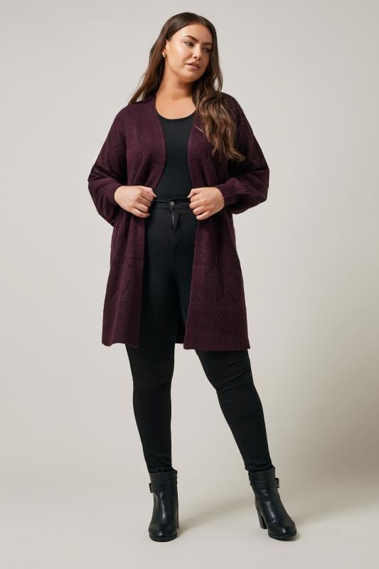 Evans EVANS Curve Burgundy Red Pointelle Knitted Cardigan