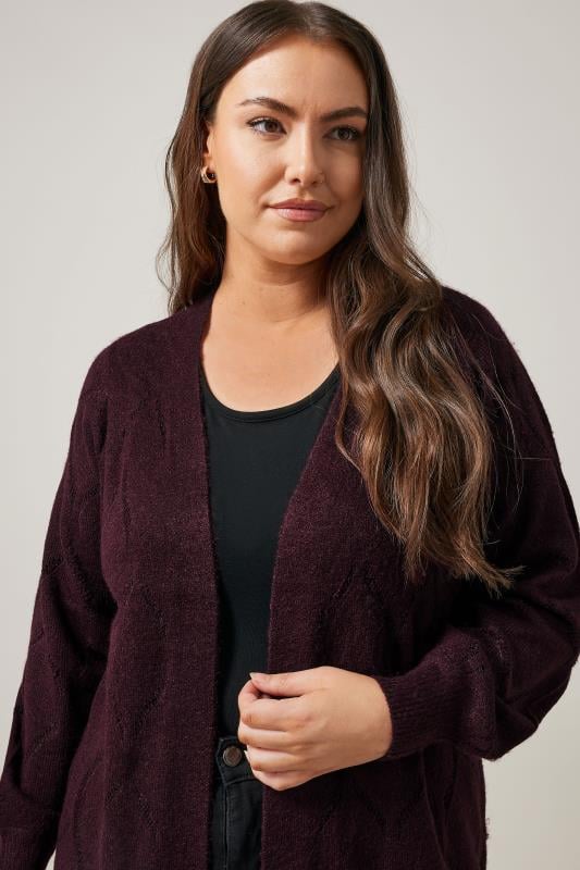 Evans EVANS Curve Burgundy Red Pointelle Knitted Cardigan