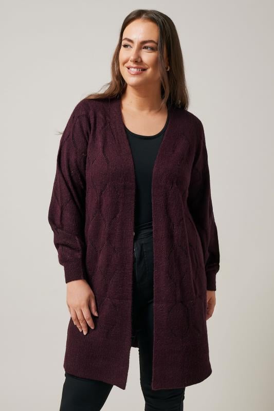 evans EVANS Curve Burgundy Red Pointelle Knitted Cardigan