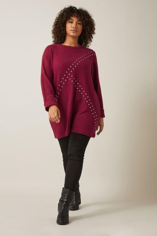 Evans EVANS Curve Burgundy Red Stud Longline Jumper