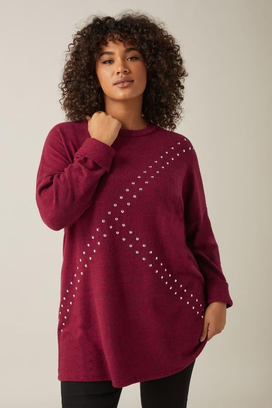evans EVANS Curve Burgundy Red Stud Longline Jumper