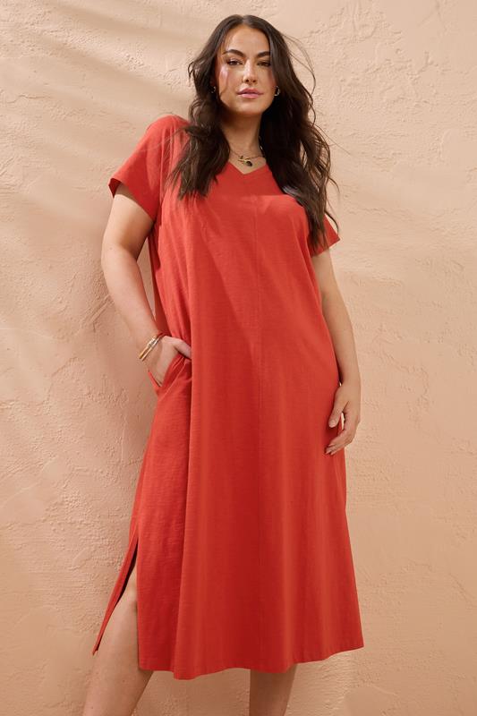 Evans EVANS Curve Burnt Orange Premium Cotton Dress
