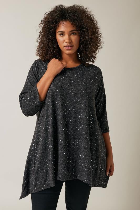 evans EVANS Curve Charcoal Grey Studded Detail Hanky Hem Top