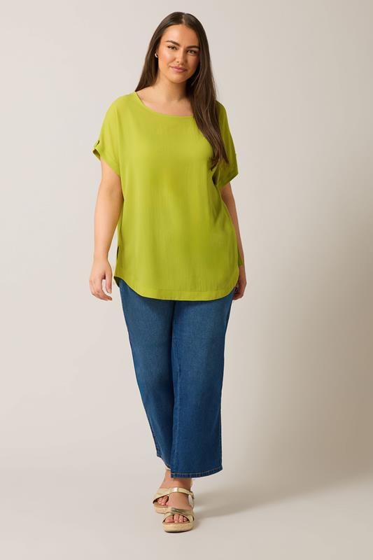 Evans EVANS Curve Chartreuse Green Button Sleeve Blouse