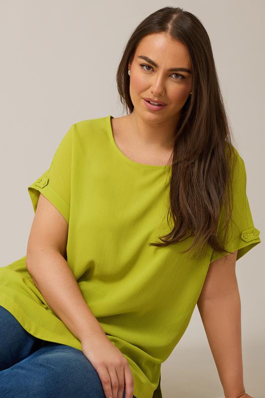Evans EVANS Curve Chartreuse Green Button Sleeve Blouse