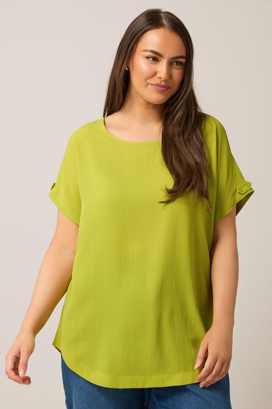 evans EVANS Curve Chartreuse Green Button Sleeve Blouse