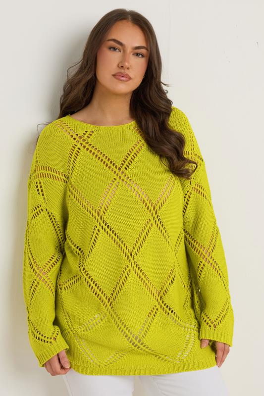 Evans EVANS Curve Chartreuse Green Diamond Pointelle Jumper