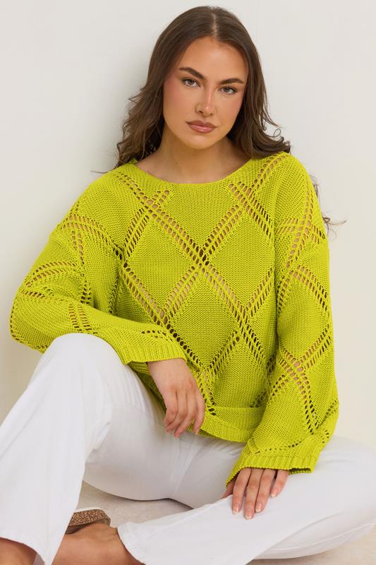 evans EVANS Curve Chartreuse Green Diamond Pointelle Jumper