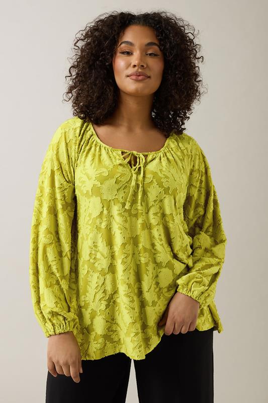 Evans EVANS Curve Chartreuse Green Floral Burnout Blouse