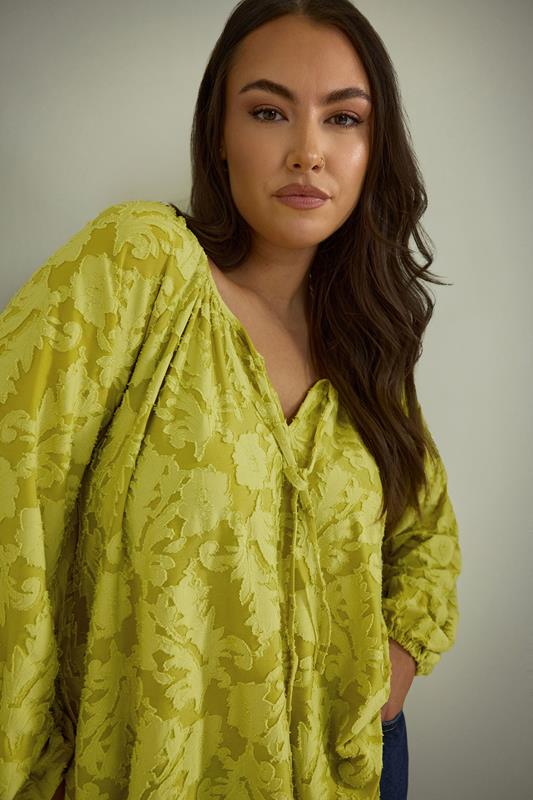 evans EVANS Curve Chartreuse Green Floral Burnout Blouse