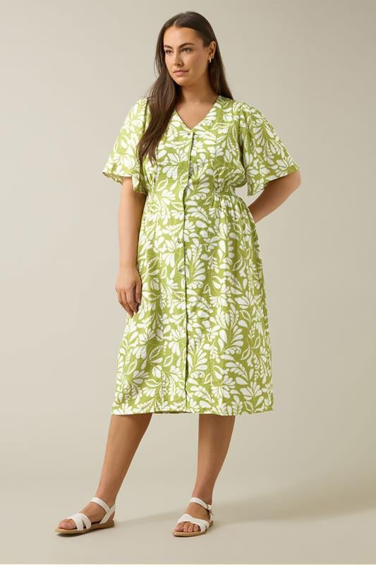 Evans EVANS Curve Chartreuse Green Leaf Print Midi Dress
