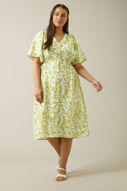 Evans EVANS Curve Chartreuse Green Leaf Print Midi Dress