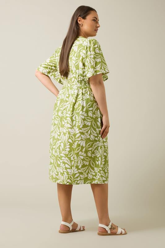 Evans EVANS Curve Chartreuse Green Leaf Print Midi Dress