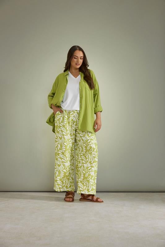 Evans EVANS Curve Chartreuse Green Leaf Print Wide Leg Trousers