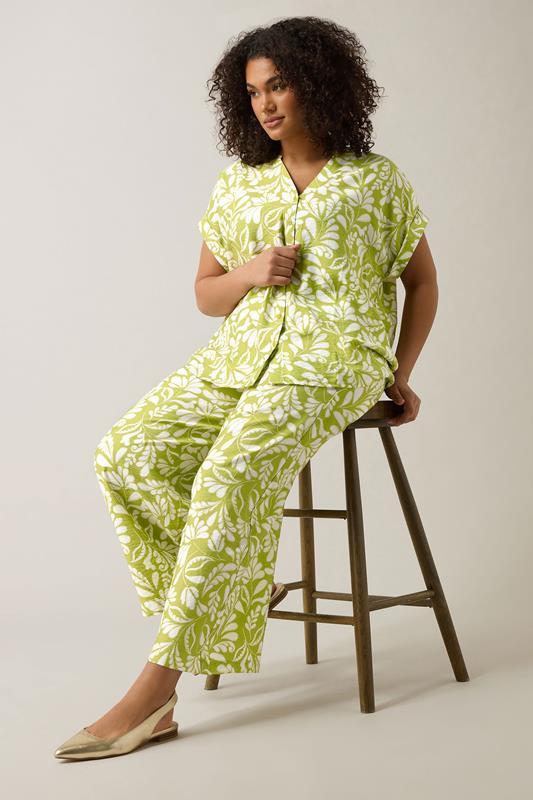 Evans EVANS Curve Chartreuse Green Leaf Print Wide Leg Trousers