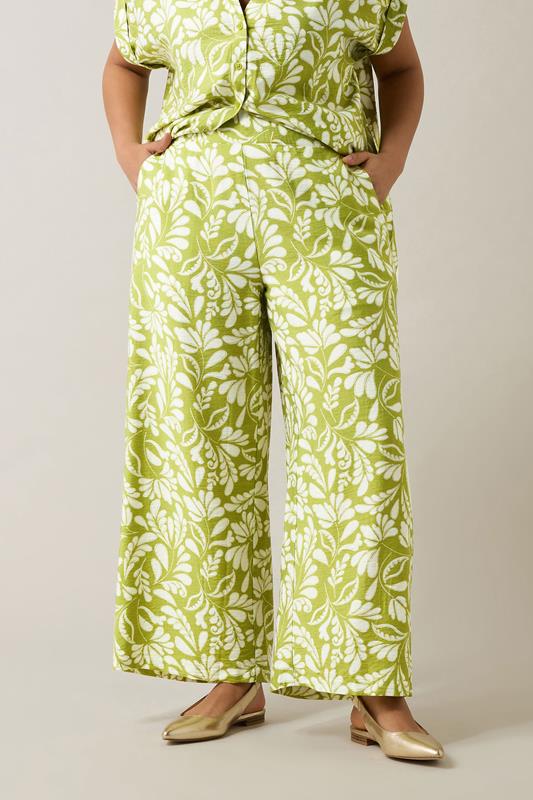 Evans EVANS Curve Chartreuse Green Leaf Print Wide Leg Trousers